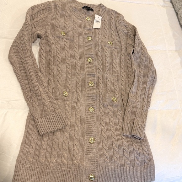 Ann Taylor Long Cable Knit Cardigan Button Down Vintage Taupe Melange NWT SMALL - Picture 5 of 9